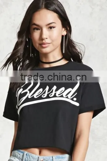 2017 Women Short Sleeve Fashion Cotton Numbers Printed Tshirt Hem Curling OEM Service photo-2