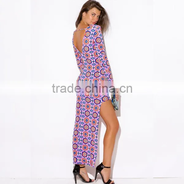 Geometry Print High Low Long Sleeve Maxi Club Cocktail Party Dresses photo-3