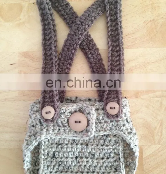 Crochet 3 Pcs Set Newsboy Hat Diaper Cover Set /Suspenders and Bow Tie in Oatmeal & Taupe, Photography Prop for Newborn Baby photo-3