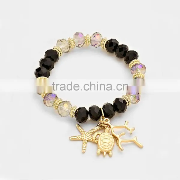 Metal Starfish and Turtle Charm Beaded Stretch Bracelet Sea Life Jewelry
