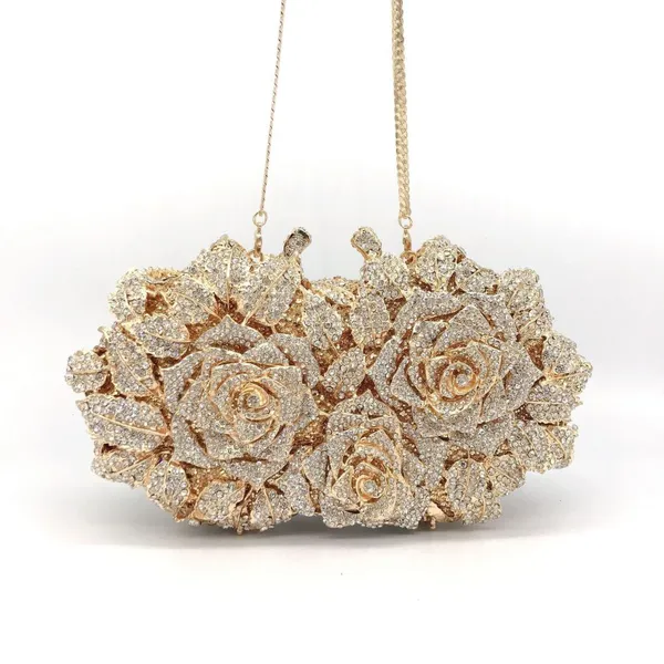 Golden Silver Luxury Crystals Evening Bags Fashion Rose Flower Diamonds Clutch Bags Soiree Purse Women Wedding Bride Handbags photo-3