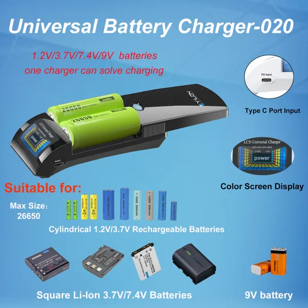 Portable Design Universal Battery Charger Lightweight Compact USB-C Input for Travel Multi Type Rechargeable Batteries