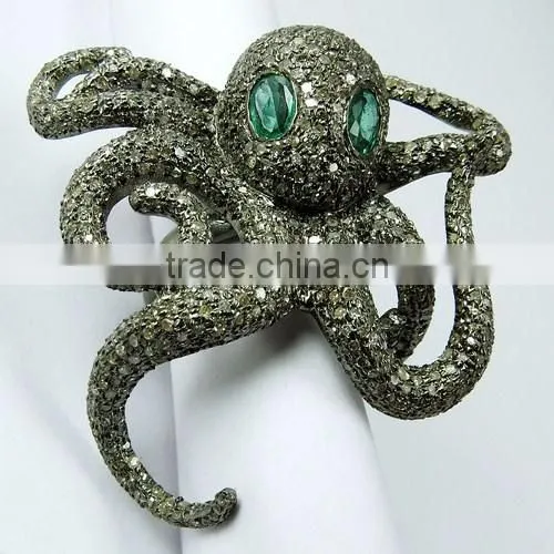 Popular Octopus Design !! Emerald & Diamond 925 Sterling Silver Ring, Online Silver Jewellery, Silver Jewellery photo-6