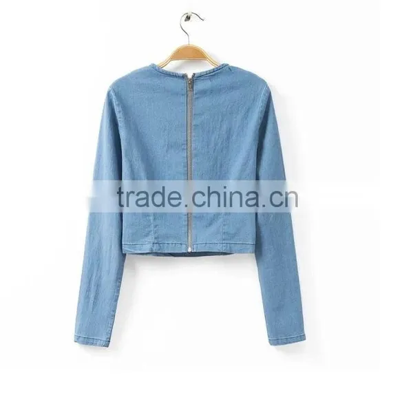 2014 European New Arrivals Sexy Denim Tops Fashion Style Short Tops With Long Sleeves photo-3