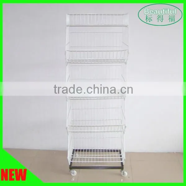 5 Tiers Rolling Wire Basket Storage Display Rack for Supermarket