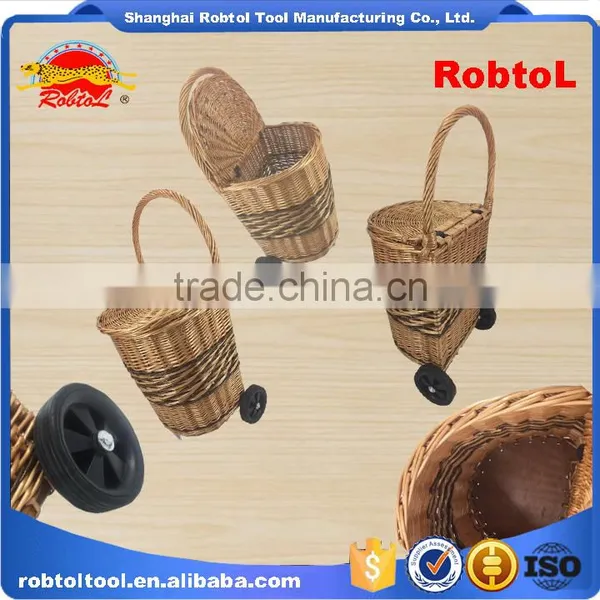 Unique Vintage Willow Weaved Woven Wicker Shopping Trolley Wheels Basket Cart photo-5