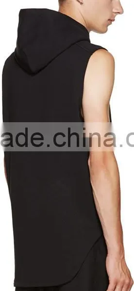 Sleeveless French Terry Vest Hoodie Beige Drawstring Hood Custom Embroidered Logo Zipper at Sides Shirt-tail Hem photo-2