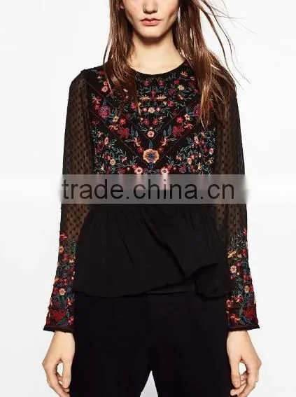 Runwaylover EY2364B Ladies Fashion 2017 Full Embroidery Chiffon Transparent Blouse photo-2