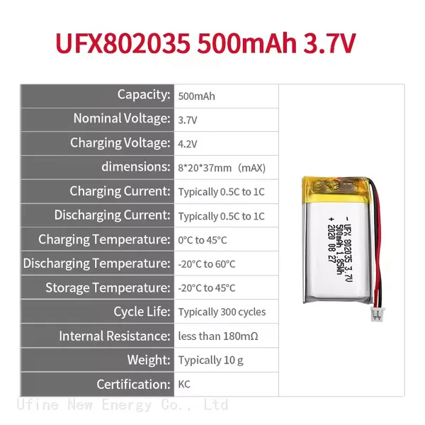 Chinese Lithium-ion Cell Manufacturer Wholesale Gamepad Battery UFX802035 500mAh 3.7V photo-2