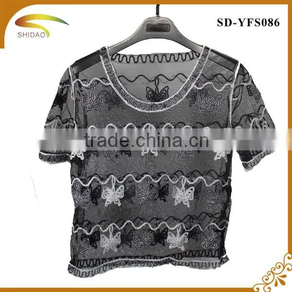 Fashion High Quality Semi Sexy Short Sleeve Embroidery Floral Lace Crochet Blouse photo-2