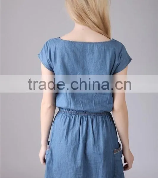 2015 Fashion High Quality Most Fashion Short Sleeve Denim Halter Dress For Women Ladies Europe Casual Dress Women Dresses photo-3