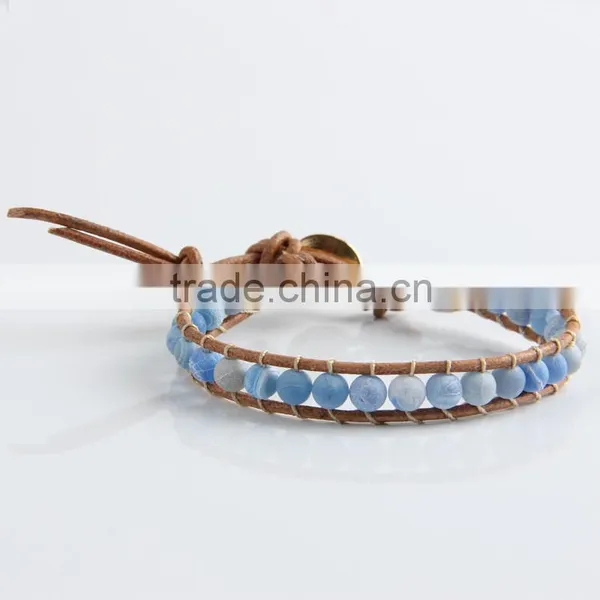 Lap Beaded Blue Frosted Agate Stone Natural Leather Bracelet for Women Party Jewelry Wholesale