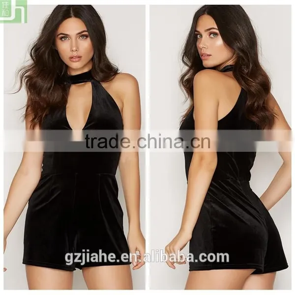 Open bust halterneck velvet playsuit
