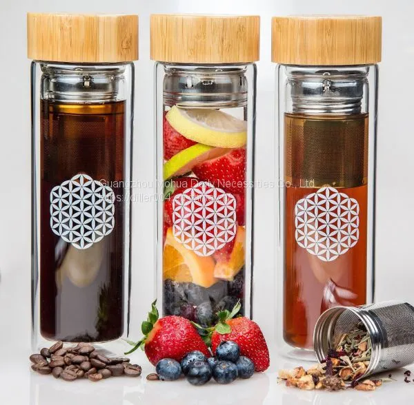 Double Wall Eco Pyrex Borosilicate Glass Tea Filter Infuser Drinking Water Bottle With Top Bamboo Lid photo-2