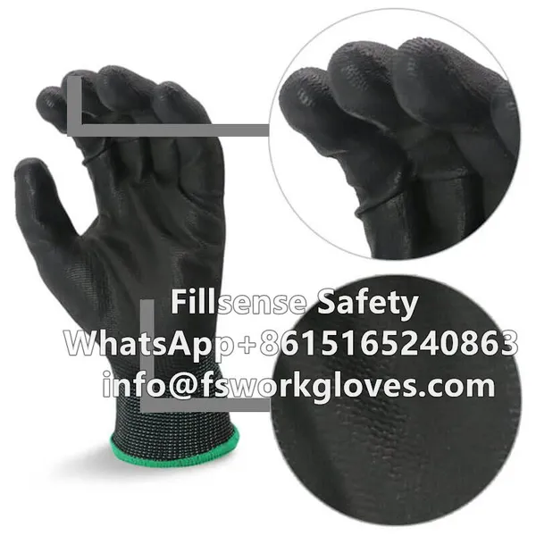 13Gauge Polyester Liner Polyurethane / PU Coated Work Gloves (Black-Black) EN388 3131X photo-3