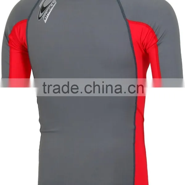 92% Polyester 8% Spandex (Lycra) Short Sleeves Grey Compression Shirt / Rash Guard With Red Side Panels photo-2