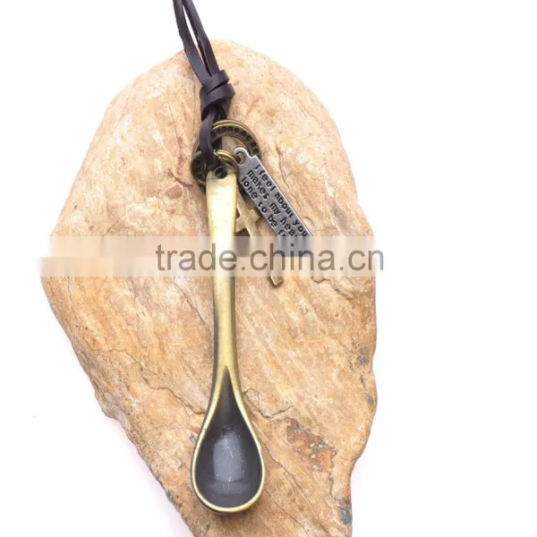 Vintage Genuine Leather Necklace With Antique Brass Spoon Pendant.