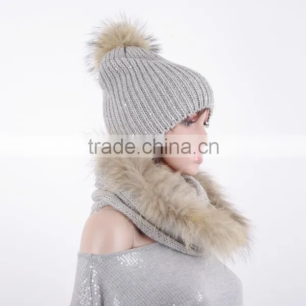 Women Wool Knitting Scarf Raccoon Fur Stretch Knitted Scarves KZ150157