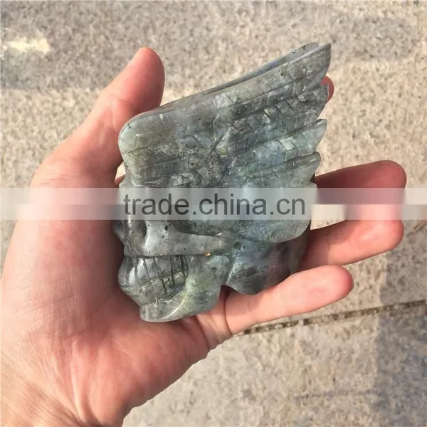 Natural Labradorite Skull Crystal Stone Angel Wings Ornaments photo-5