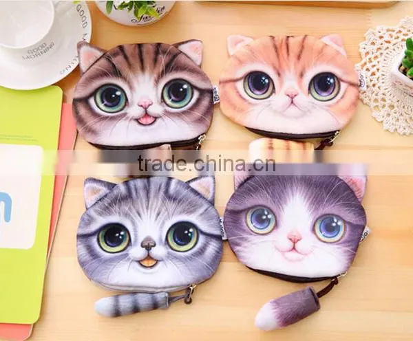 Fancy Cartoon 3d Lovely Cat Face With Tail Pouch Wallet Cute Purse Small Cotton Plush Animal Shape Handbag Euro Coin Purse