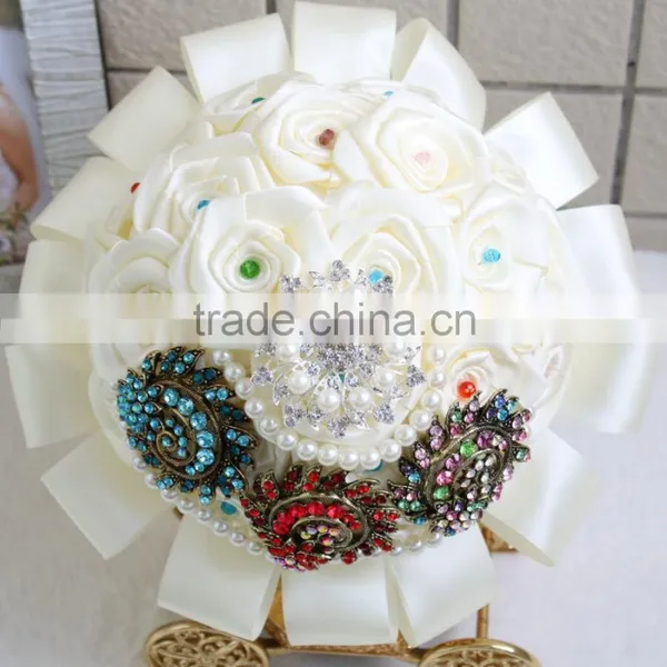 Handmade Elegant Satin Roses Bouquet for Bride Brooch Jewelry Bouquet photo-4