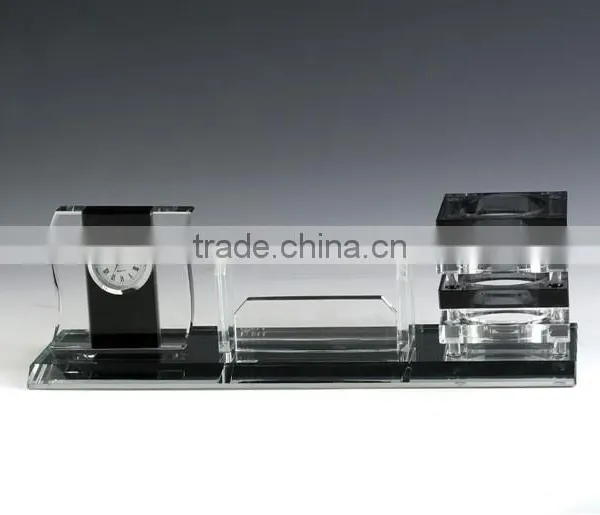 JINGYAGE Office Table Set K9 Crystal Business Card Holder With Clock and Black Pen Holder