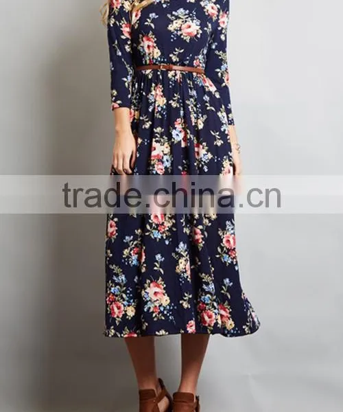 Private Label Long Sleeve Floral Pocket Midi Length Fashion US Size Women Dresses 2017 Summer photo-6