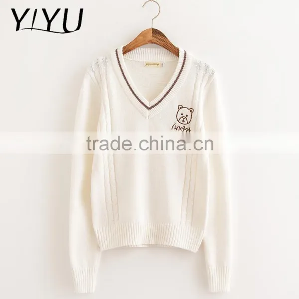 Korea Style Girl White Sweet V-neck High School Uniform Pullover Sweater photo-2