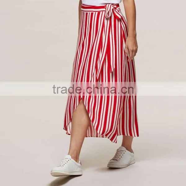 New Fashion Side Tie Red and White Striped Long Wrap Skirt for Girl photo-2