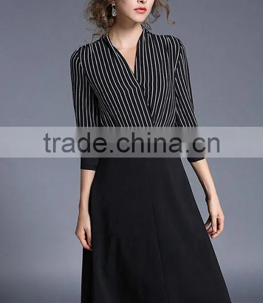 Fashion Women V Neck Vertical Stripes Office Dress Korean OL Belted Midi Dress photo-3