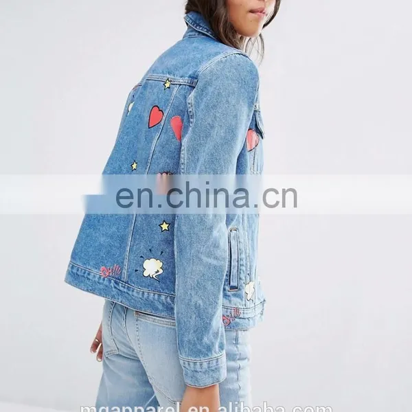 New Design 100% Cotton Jeans Jacket Women Badge Detail Jean Jacket Wholesale photo-3