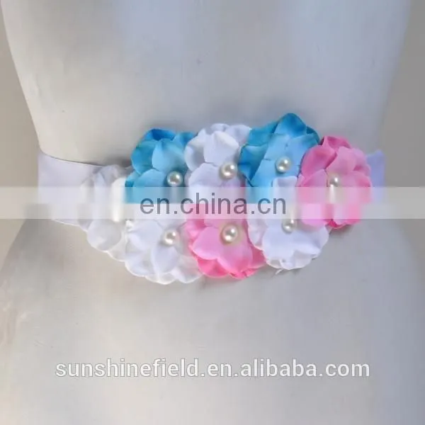 Double-color Cluster Hydrangea Flowers Pearl Center Sash Belt For Kids photo-3