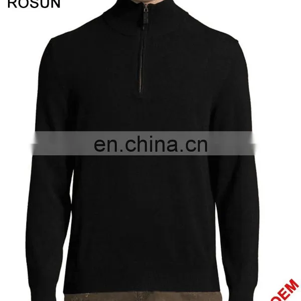 Regular Fit Black Knit Mock Neck Quarter Zip Pullover Polo Sweater for Men Made of Cashmere