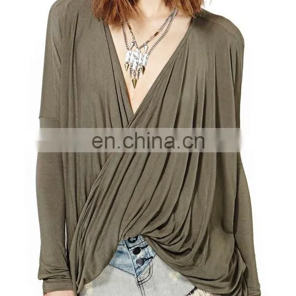 2017 OEM New Spring High Quality Fashion Cross-Folding Loose Type Deep V Shape Women Tshirt