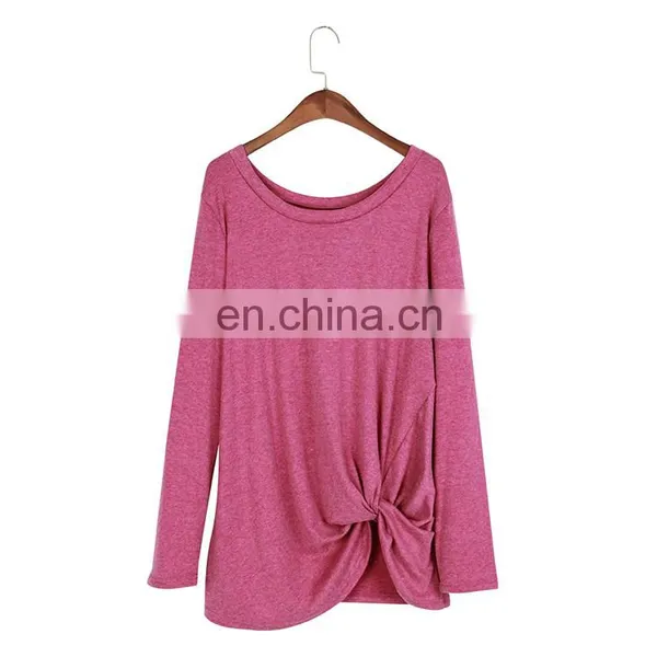 Wholesale Solid Color Hem Irregular Knot Blank Long Sleeve Women T Shirt photo-3