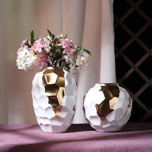 Creative Modern Simple Fashion White Gild Ceramic Flower Vase For Living Room Decor photo-3