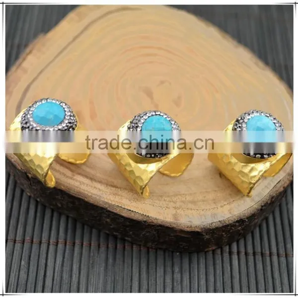 LFD-001R ~ Gold Plated Druzy Faceted Turquoise Stone Pave Rhinestone Crystal Rings For Women Jewelry Finding photo-2