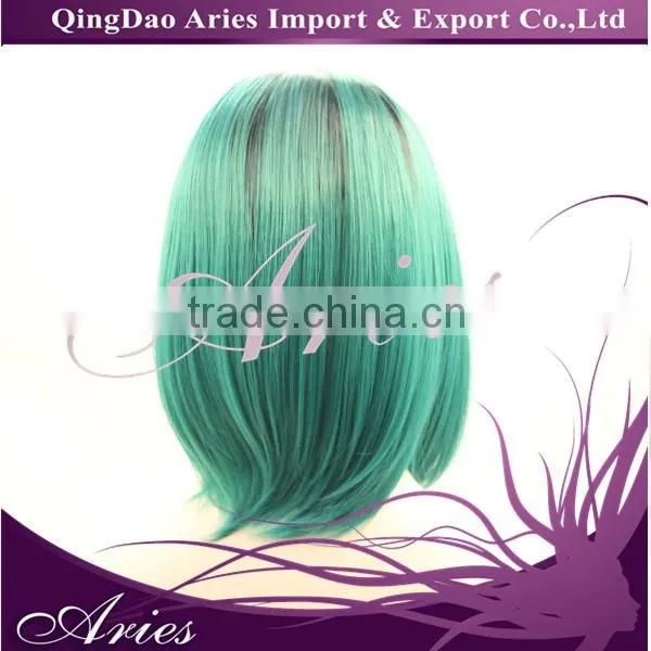 Sexy Ombre Black And Green Short Bob Straight Synthetic Lace Front Wig Customized Cap photo-3