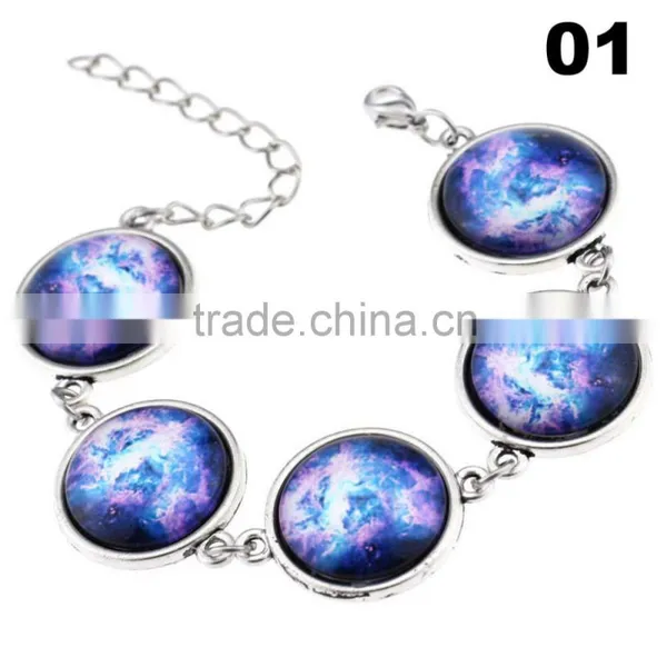 Wholesale Cabochon Glass Nebula Bangle -Galaxy Space -Novelty Metal Cuff Chain Bracelet photo-2