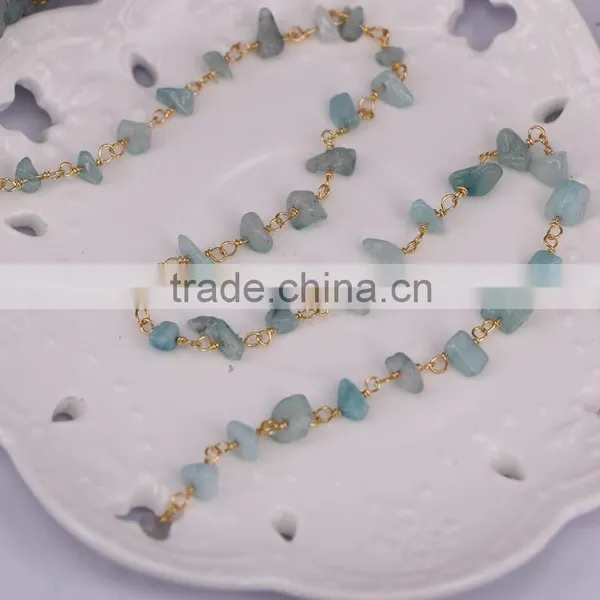 Aquamarine Chip Beads Link Rosary Chains,Brass Wire Wrapped Chain Necklace Bracelet, Fine Jewelry Findings Stone Beaded Chain photo-3