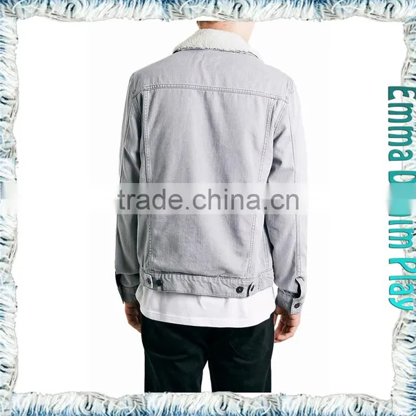 Mens White Grey Denim Jacket in Medium Worn Wash With Fur Collar photo-2