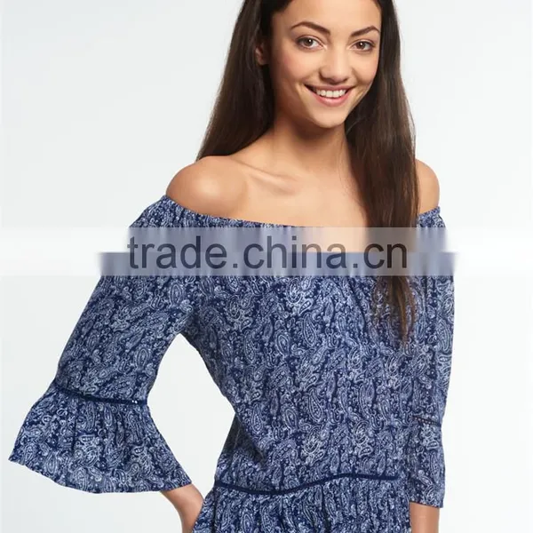 2017 Guangzhou Shandao Latest Fashion Summer Design 3/4 Flare Sleeve Round Neck Printed Loose Ladies Chiffon Tops photo-3