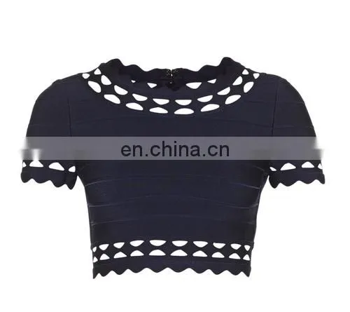 2017 Latest Bandage Tops Scalloped Cut Out Midi Two Piece Bandage Dress Navy photo-3