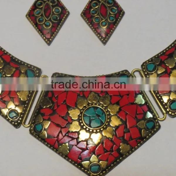 Processed Coral Fashion Jewelry Tibetan Style Mosaic Work Statement Necklace and Earrings photo-4