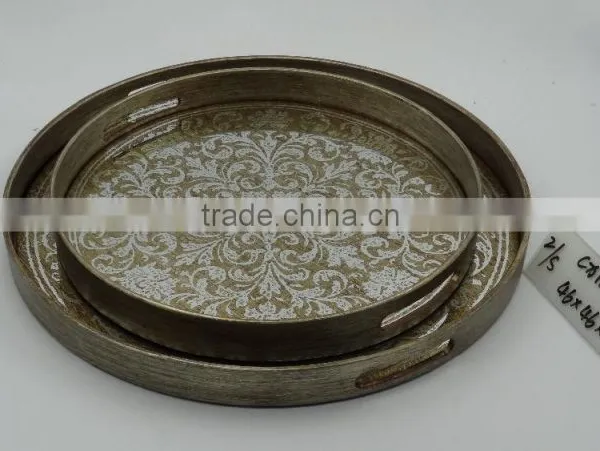Antique Painted Round Wooden Mirror Tray With Flower Printing photo-2