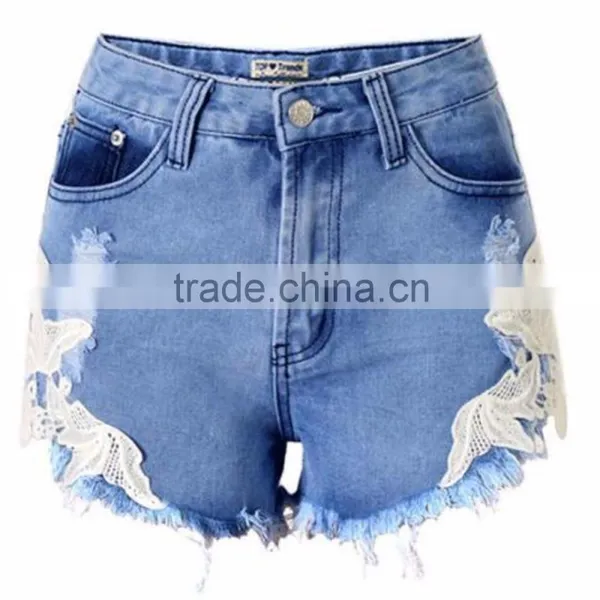 Lace Floral Beading Shorts Wash Rivet Decorated Girls Jeans Pants photo-4