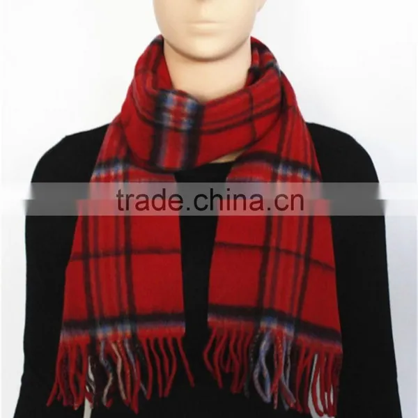 Red Yarn Dyed Checked Pure Wool Scarf With Fringe