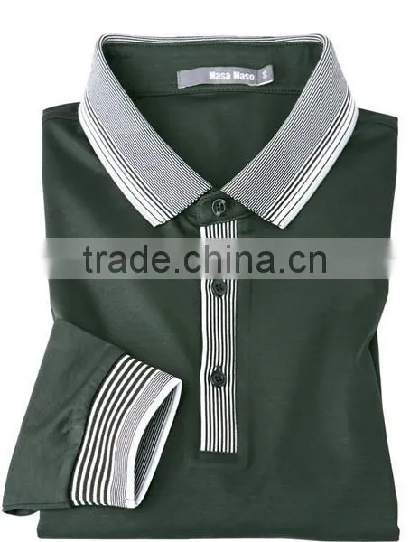 Striped Collar Three Button Placket Mens Long Sleeves Polo Shirt photo-3