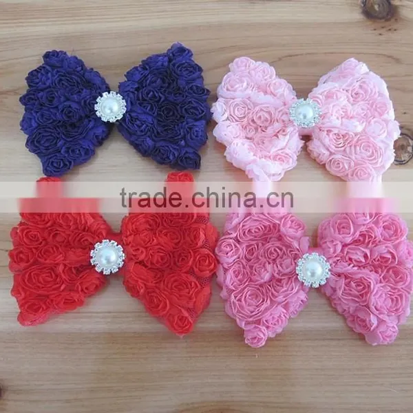 CF0730 New Designs Small Bead Ruffle Rose Rossete Bow for Hair Clip Decoration. photo-2