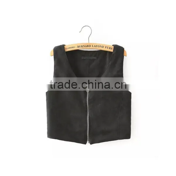 Trendy Retro Full Zip Faux Suede Sleeveless Bodycon Short Crop Vest Tank Jacket Top photo-3
